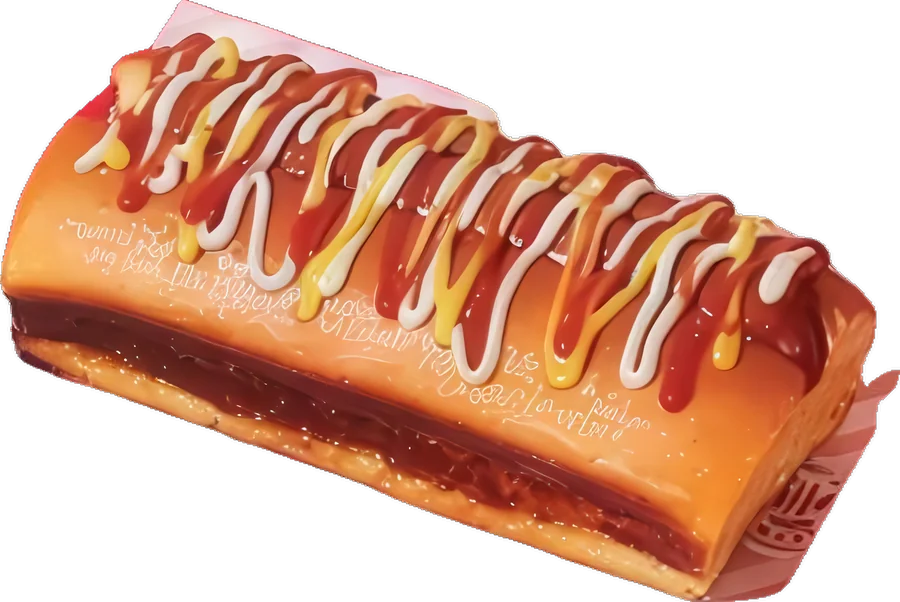 A stuffed bun hot dog topped with ketchup, mustard and mayo