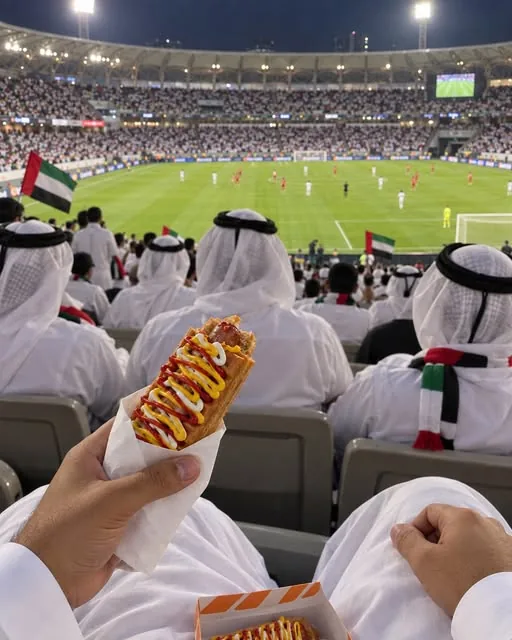 A Stuffed Buns hot dog held up in a football stadium crowd